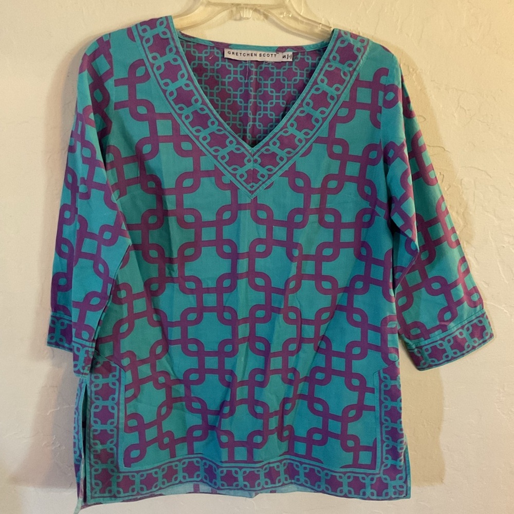 Gretchen Scott Designs Teal & Purple Geometric V-Neck Tunic